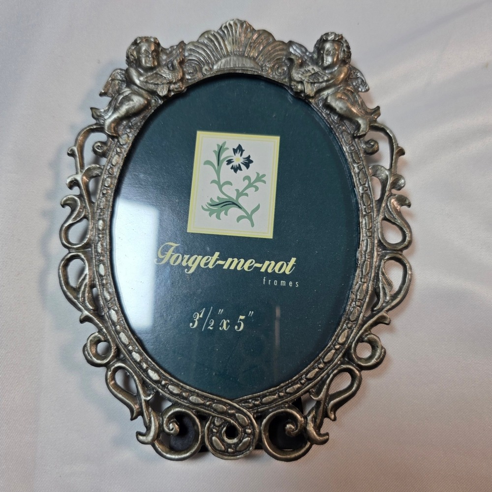 Forget-me-not Frames Oval Cherub Angel Pewter Metal Picture‎ Frame 3.5x5 Ornate